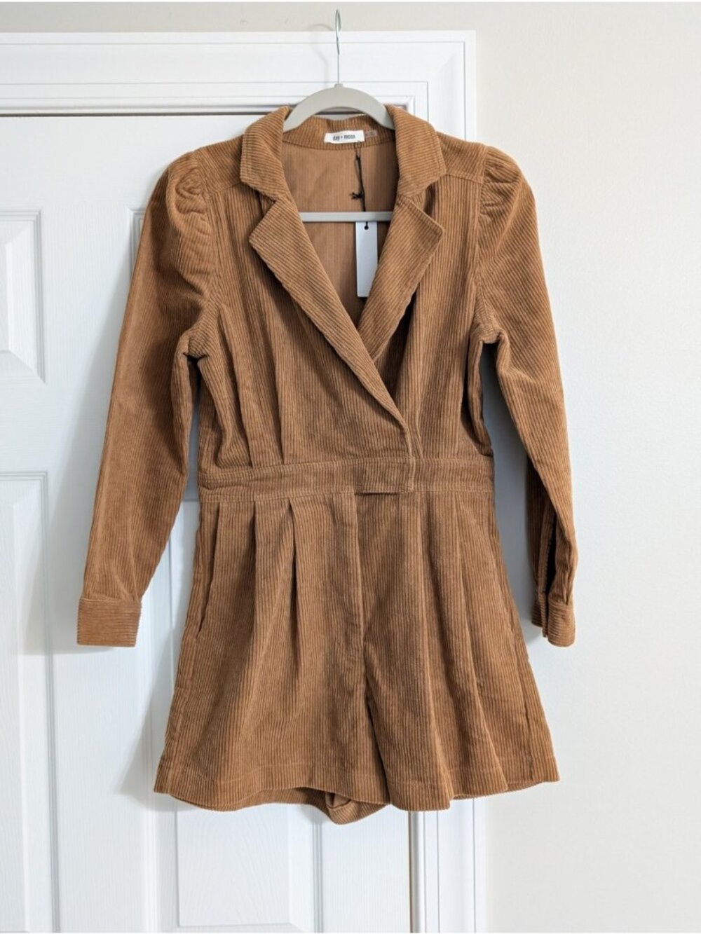 Day + Moon Brown Corduroy Romper Wrap Top Notch Collar Sleeve Sz S Boho Festival